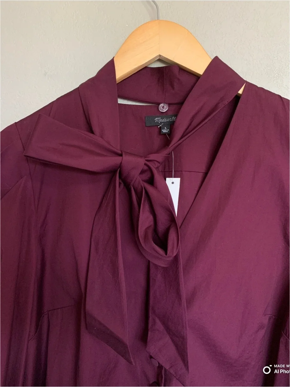 Madewell Large V-Neck Button Front Top With Neck Tie in Dark Pomegranate NWT